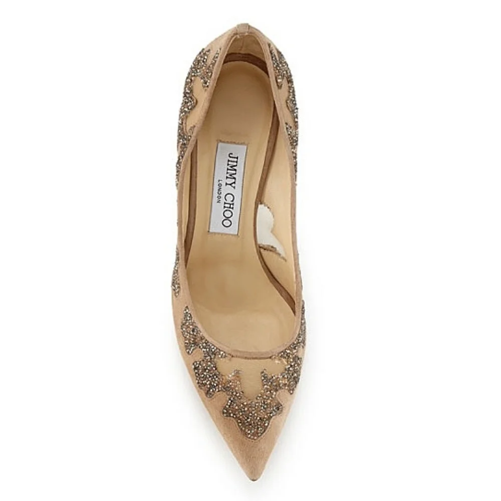 Jimmy Choo Karmel 120 Nude Suede Crystal Wedding Occasion Pointy Toe Mesh Pump - Picture 6 of 16